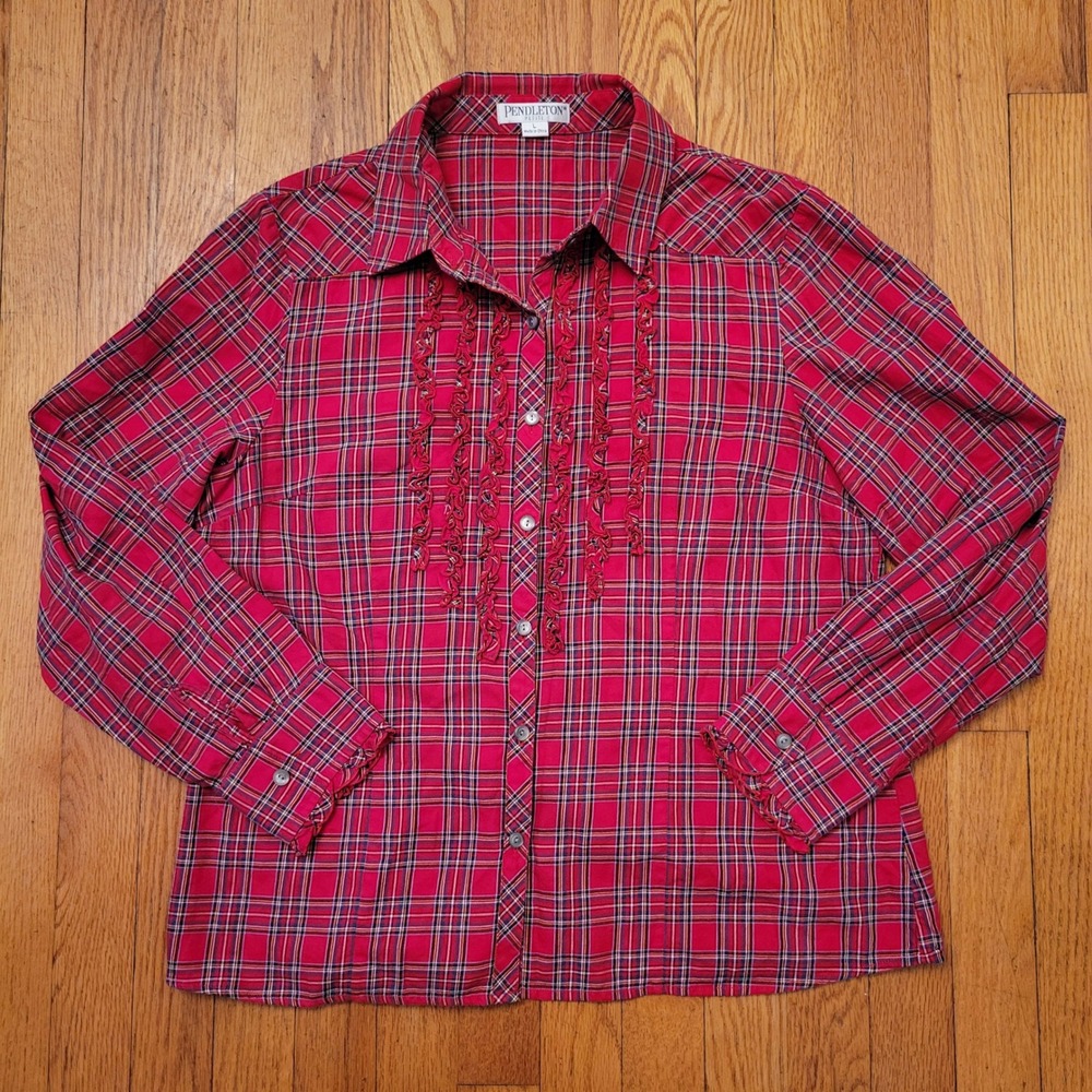 Pendleton Petite Red Plaid Ruffled Button Front Shirt L Christmas Holiday Cabin‎